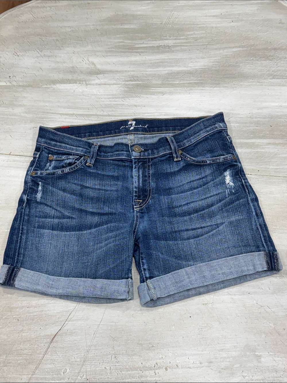 7 For All Mankind Dark Blue Rolled Cuff Denim Shorts